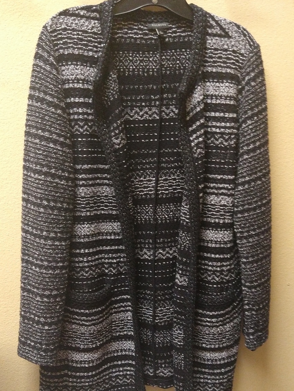 Talbots Black and Silver Open-Front Knit Cardigan